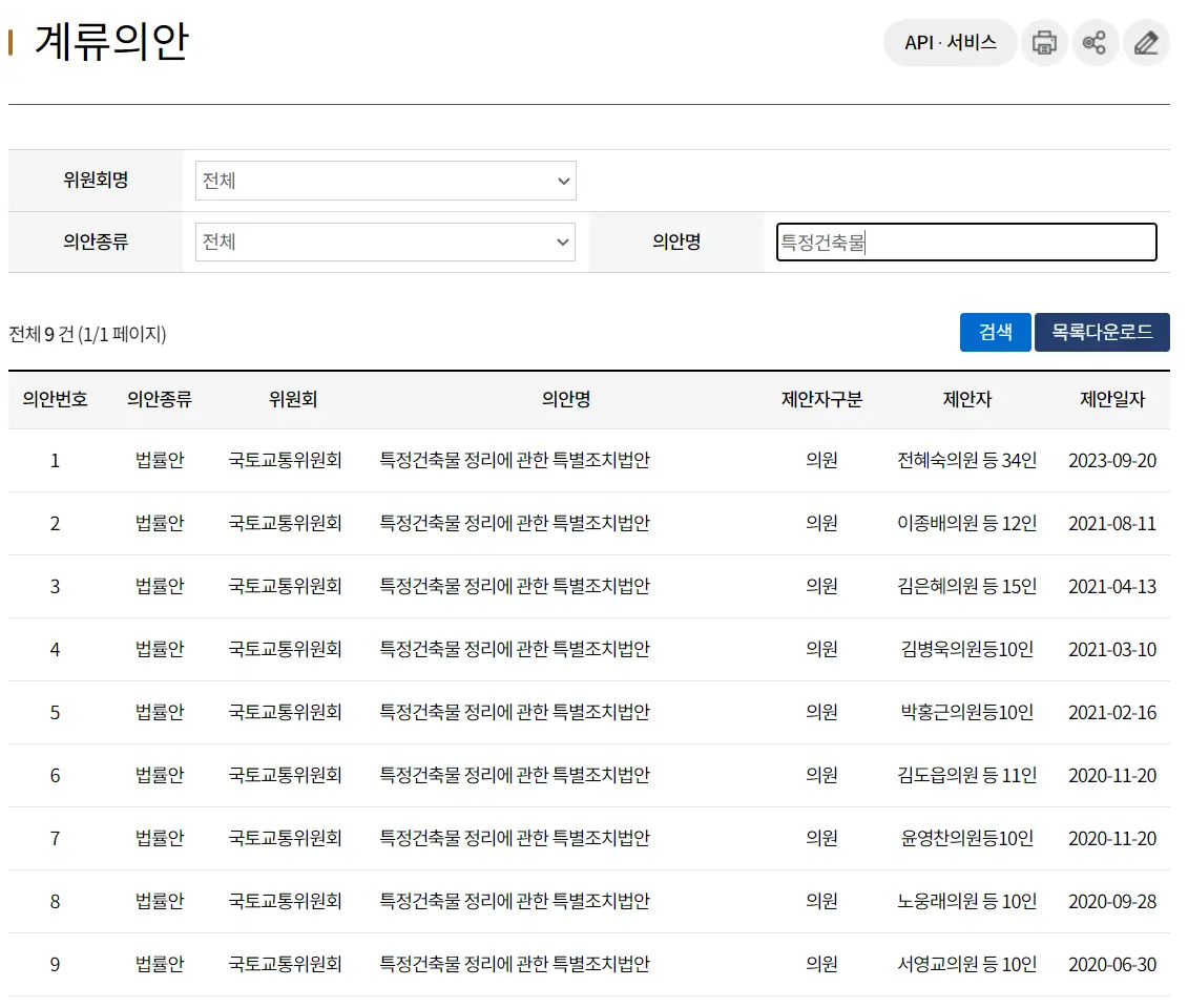 국회 계류 의안불법건축물 양성화 특별법